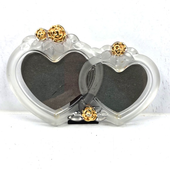 Vtg Mikasa Rosemont Double Heart Picture Frame Glass Crystal Gold Roses 7" x 10" - Picture 2 of 10